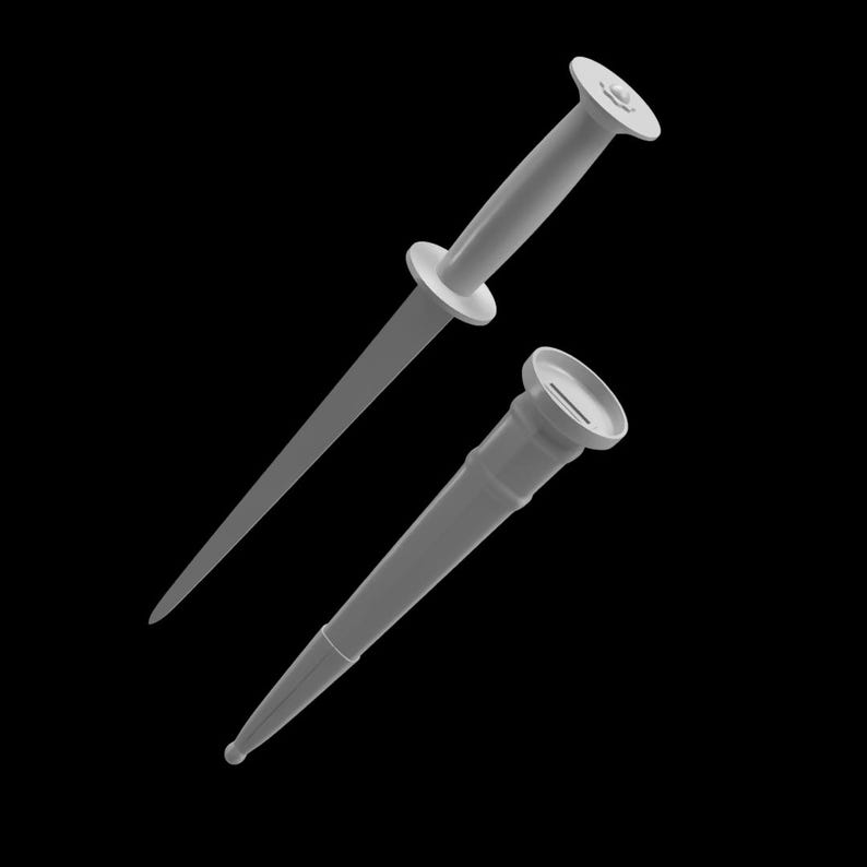 May include: Two-piece, light gray wine bottle stopper set. One piece is a long, slender, pointed spike with a circular handle. The other piece is a cylindrical stopper with a circular top and a tapered bottom.