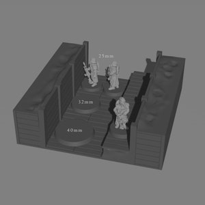 May include: A gray plastic model of a trench with three figures standing on a wooden floor. The figures are 25 mm, 32 mm, and 40 mm in size.