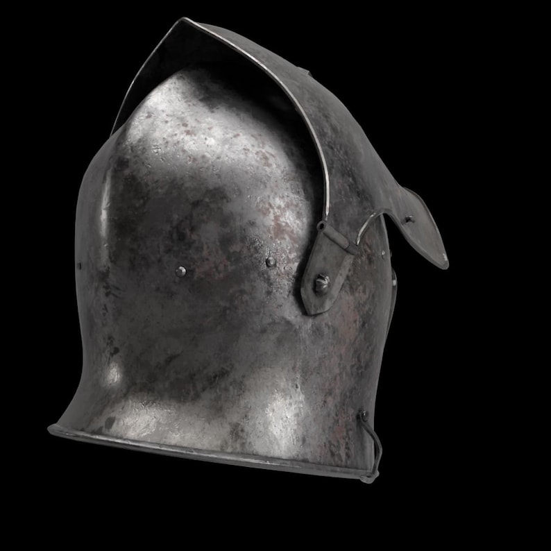May include: A weathered, steel helmet with a curved visor and a pointed top. The helmet has a riveted construction and a dark, metallic finish, suggesting historical use. The background is black.