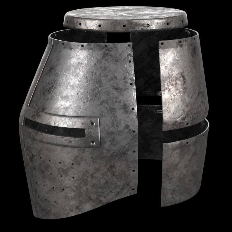 May include: A weathered, metallic knight's helmet with a hinged top and a rectangular eye slit. The helmet is constructed from riveted metal plates, showcasing a worn, battle-ready aesthetic. The design suggests historical or fantasy themes.
