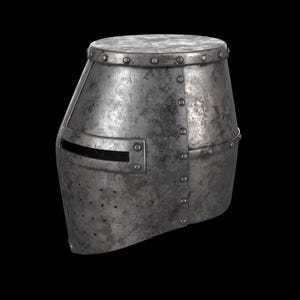 May include: A weathered, metallic knight's helmet with a cylindrical top and a sloped body. The helmet features a horizontal eye slit and is riveted along the seams. The metal has a worn, aged appearance, suggesting historical use.