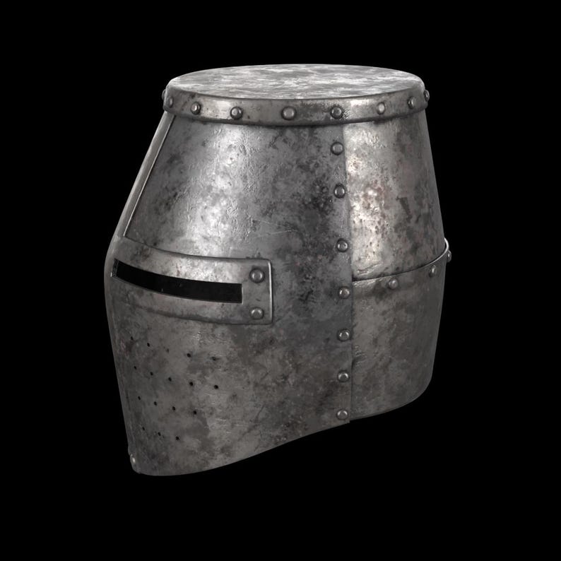 May include: A weathered, metallic knight's helmet with a cylindrical top and a sloped body. The helmet features a horizontal eye slit and is riveted along the seams. The metal has a worn, aged appearance, suggesting historical use.