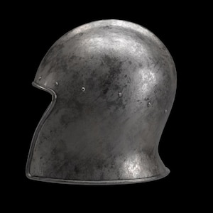 May include: A weathered, metallic helmet with a rounded top and a curved visor. The helmet is a dull silver color with visible rivets and signs of wear, suggesting an antique or historical piece. The background is solid black.