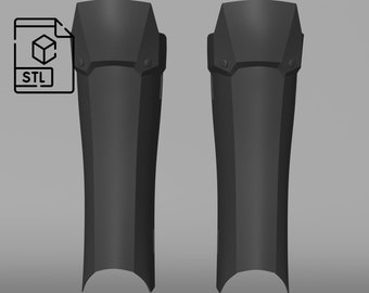 May include: A pair of black 3D printed shin guards with a geometric design. STL file.