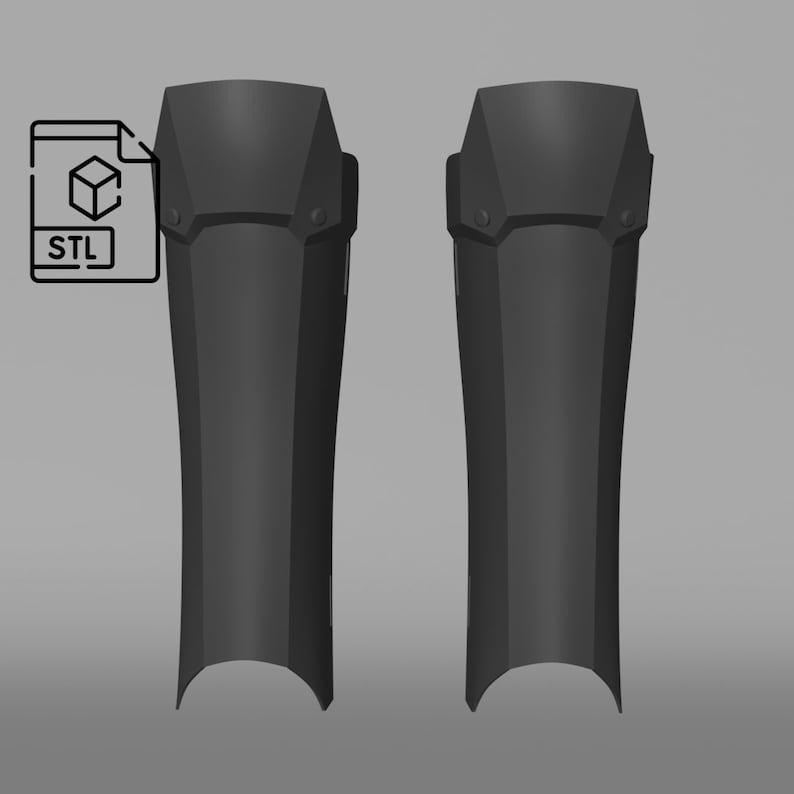 May include: A pair of black 3D printed shin guards with a geometric design. STL file.