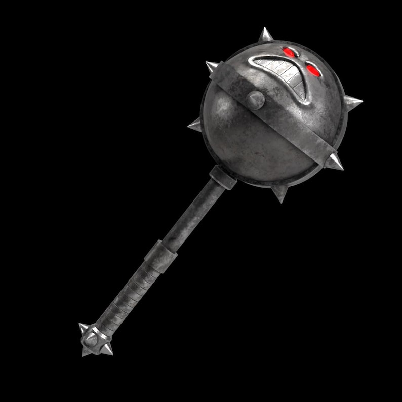 May include: A metallic gray mace with a spiked head and handle. The head features a stylized face with red eyes and a grimacing mouth. The handle is textured for grip, and the mace has a medieval or fantasy theme.