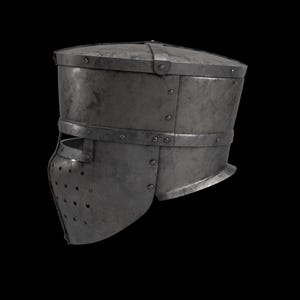 May include: A medieval steel helmet with a rounded top and a face guard with small holes. The helmet has riveted metal bands and a weathered appearance, suggesting historical use. The design is typical of armor from the medieval period.