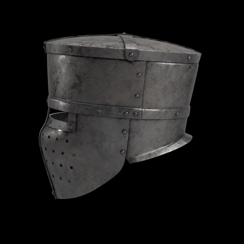May include: A medieval steel helmet with a rounded top and a face guard with small holes. The helmet has riveted metal bands and a weathered appearance, suggesting historical use. The design is typical of armor from the medieval period.