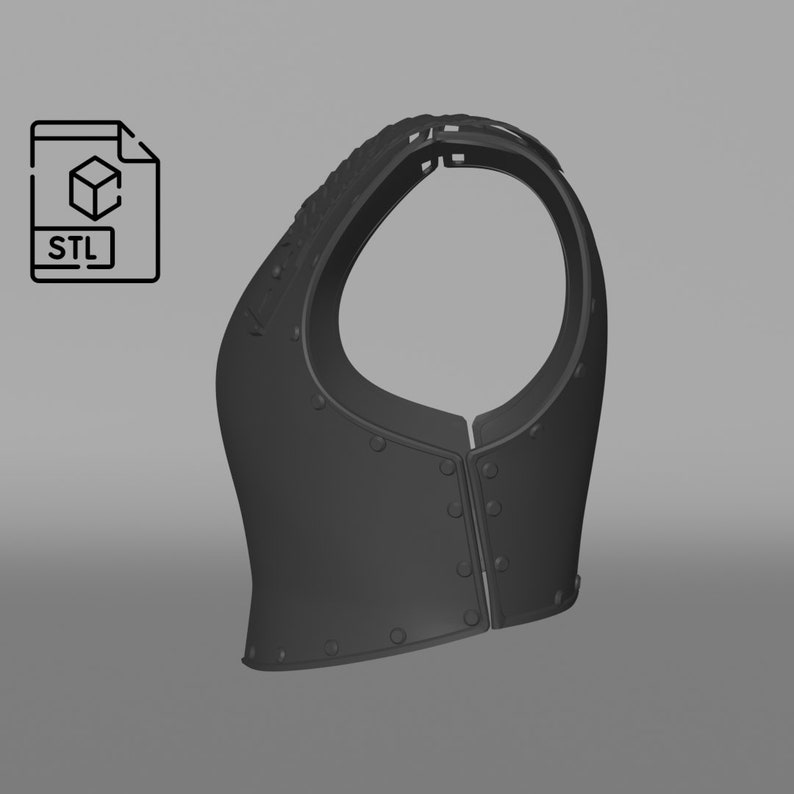Op de afbeelding: Een 3D-geprint model van een middeleeuws borstpantser, ontworpen voor 3D-printen. Het pantser is gemaakt van metalen platen en heeft een getextureerd oppervlak. Het model is ontworpen om in meerdere delen te worden geprint en geassembleerd.