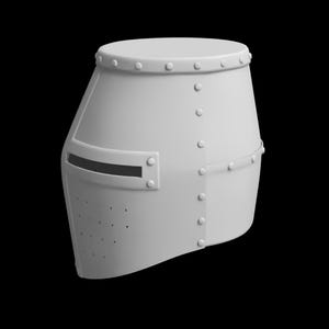 May include: A light gray, medieval-style helmet with a rounded top and a curved visor. The helmet features a series of rivets along the seams and around the top. The visor has a horizontal slit for viewing and several small holes below.