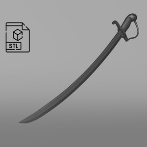 Puede incluir: Una espada de metal negro con una hoja curva y un mango decorativo. La espada es un archivo de modelo 3D en formato STL.