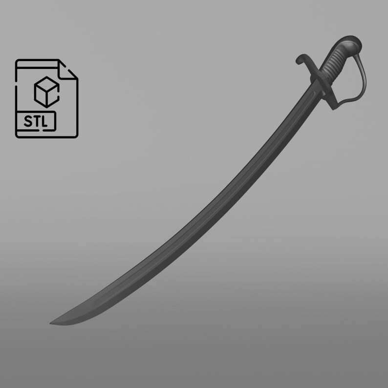 Puede incluir: Una espada de metal negro con una hoja curva y un mango decorativo. La espada es un archivo de modelo 3D en formato STL.