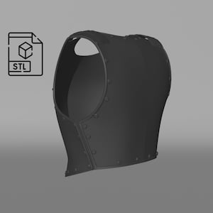 Op de afbeelding: Een 3D-model van een zwart leren vest met metalen klinknagels. Het vest is ontworpen om te worden geprint op een 3D-printer.
