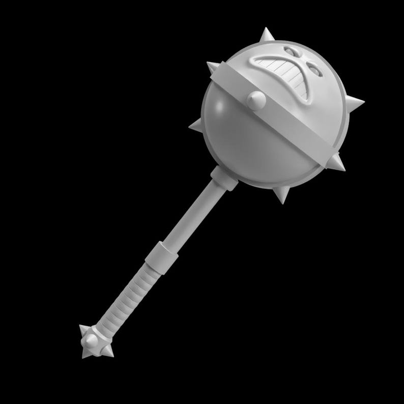 May include: A gray mace with a spherical head featuring a stylized face and spiked protrusions. The handle is cylindrical with a textured grip and a spiked end, set against a black background.