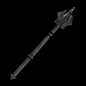 May include: A medieval-style mace with a dark, metallic finish. The weapon features a spiked head and a long, segmented handle. The mace is designed with intricate details, suggesting a historical or fantasy theme.