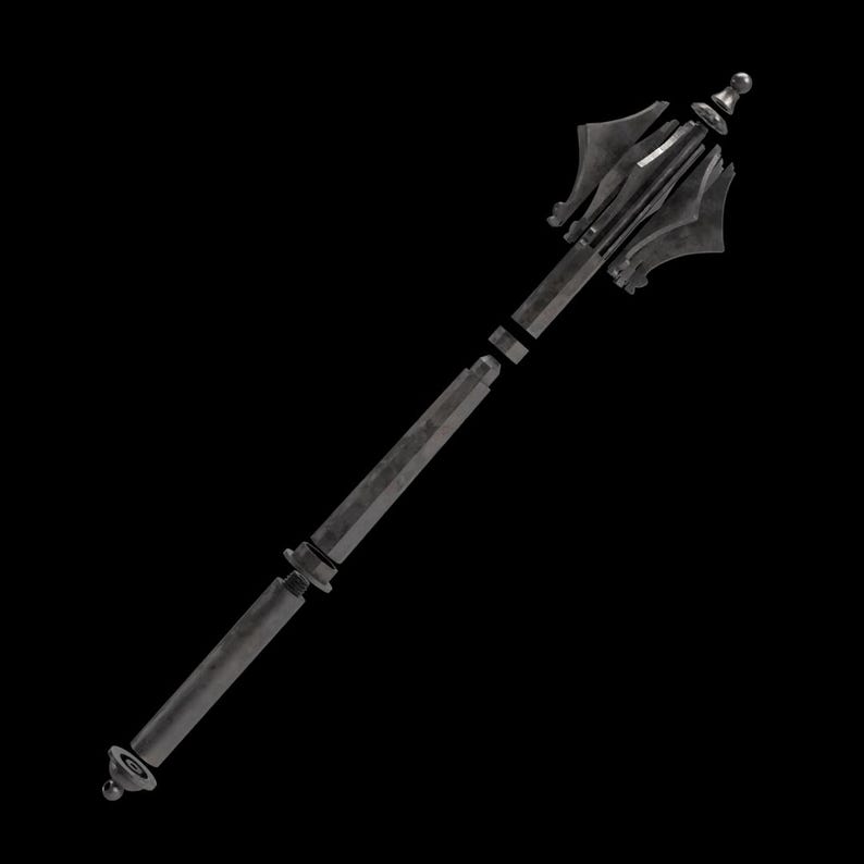 May include: A medieval-style mace with a dark, metallic finish. The weapon features a spiked head and a long, segmented handle. The mace is designed with intricate details, suggesting a historical or fantasy theme.
