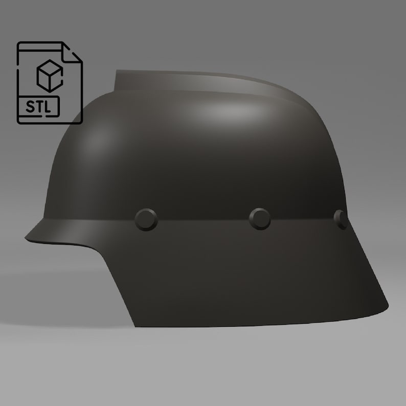 May include: A black helmet with a rounded top and a flat brim. The helmet has three metal rivets on each side.