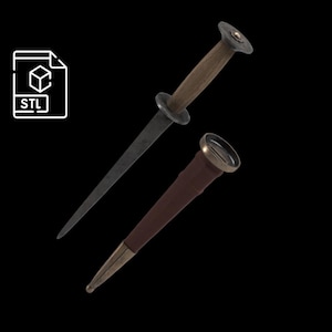 May include: A dagger with a dark, aged blade and a wooden handle. The dagger is accompanied by a brown leather sheath with metal accents. The image also includes an STL file icon, suggesting a 3D model.