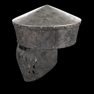 May include: A weathered, medieval-style helmet with a conical top and a face guard. The helmet is made of riveted metal with a distressed, aged appearance. The face guard features rectangular ventilation slots.