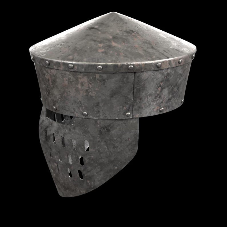 May include: A weathered, medieval-style helmet with a conical top and a face guard. The helmet is made of riveted metal with a distressed, aged appearance. The face guard features rectangular ventilation slots.
