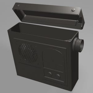 May include: A black, rectangular, electronic device with a speaker grille, a dial, and two buttons. The device has a removable top.