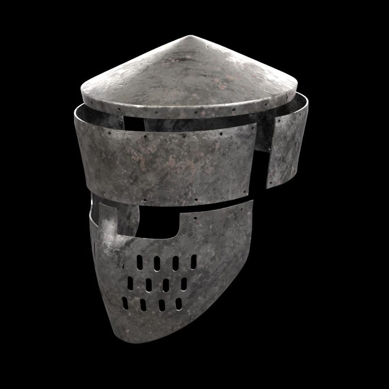 May include: A weathered, gray metal helmet with a conical top and riveted construction. The helmet features a face guard with multiple ventilation holes and a segmented design, suggesting medieval armor.