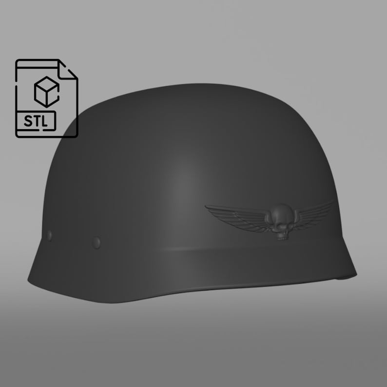 May include: A black helmet with a skull and wings design. The helmet is made of a smooth, matte material. The skull and wings are raised and have a slightly textured finish.