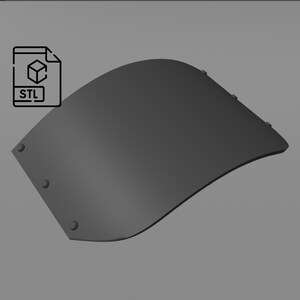 May include: A gray, curved, 3D printed object with a smooth surface and several small, round, black rivets.