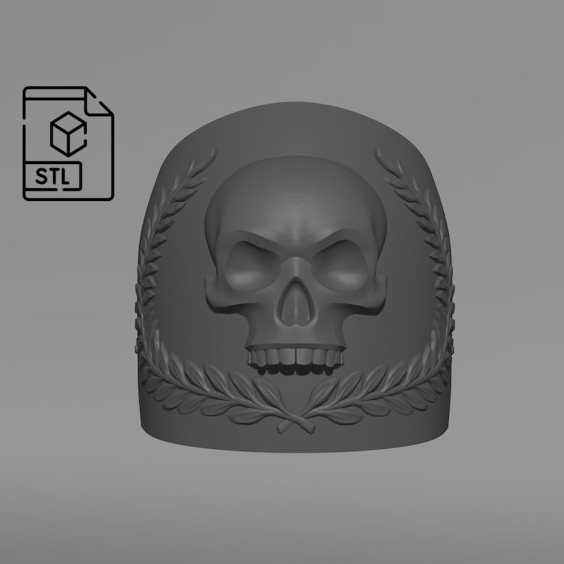 May include: A gray, 3D-rendered design featuring a skull with an open mouth, framed by laurel leaves. The design is on a curved surface. An icon with the letters "STL" is in the upper left corner, indicating a 3D model file.