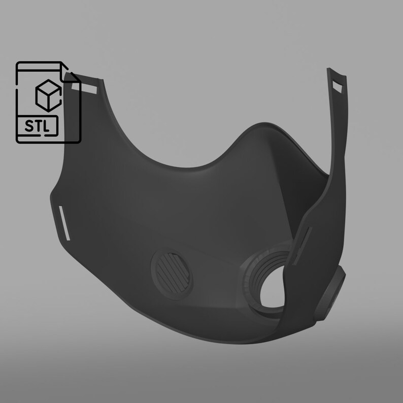 May include: A black 3D printed gas mask with two round openings and a strap on the side. STL file.