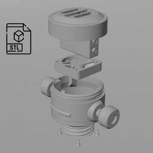 May include: A 3D printed model of a disassembled fan, with a STL file icon in the top left corner. The model is made up of five parts: a top cover, a fan, a base, a spring, and four screws.