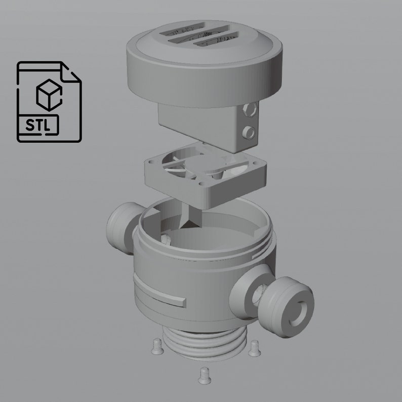 May include: A 3D printed model of a disassembled fan, with a STL file icon in the top left corner. The model is made up of five parts: a top cover, a fan, a base, a spring, and four screws.