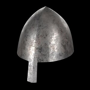 May include: A weathered, metallic helmet with a pointed top and a rectangular visor. The helmet has a worn, textured surface with visible imperfections, suggesting age and use. The background is black.