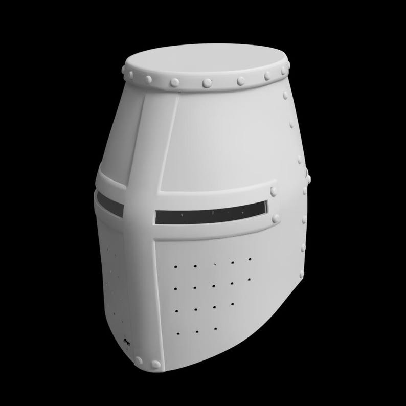 May include: A white, medieval-style helmet with a rounded top and a cross design. The helmet features a horizontal eye slit and small ventilation holes. Rivets secure the helmet's construction, and it is set against a black background.