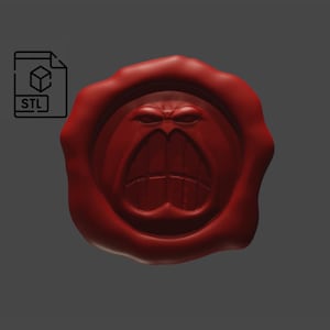 May include: A red wax seal with an angry face design. The seal has a circular shape with a detailed, expressive face in the center. The image also includes an STL file icon.