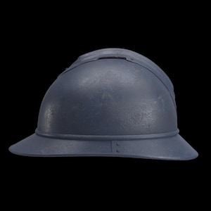 May include: A weathered, blue-gray helmet with a brim and a raised ridge on top. The helmet has a textured surface and appears to be made of metal. The design suggests a historical or fantasy theme.