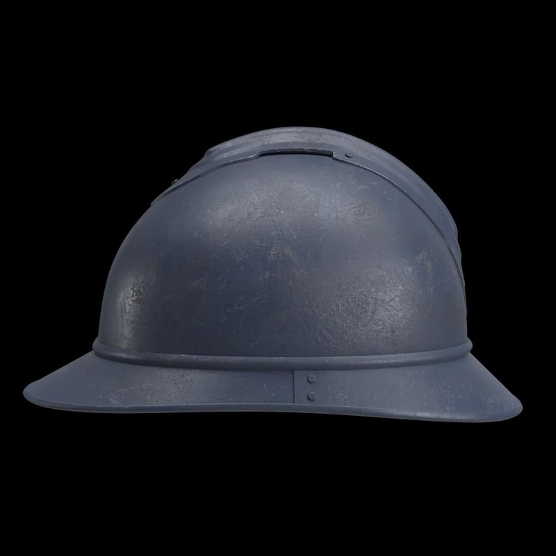 May include: A weathered, blue-gray helmet with a brim and a raised ridge on top. The helmet has a textured surface and appears to be made of metal. The design suggests a historical or fantasy theme.