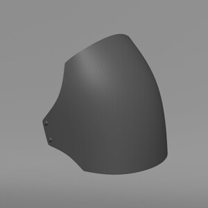 May include: A gray, curved piece of armor with two rivets. The armor has a smooth surface and a rounded shape, suggesting it is designed to protect a shoulder or upper arm.