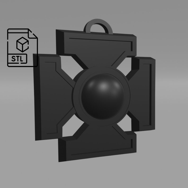 May include: A dark grey pendant featuring a cross design with a central sphere. The pendant has a loop at the top for hanging. An icon of a file with the letters "STL" is in the upper left corner.