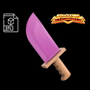 May include: A 3D-rendered pink knife with a wooden handle and guard. The image includes an STL file icon and the text "SPACEKING" in a gold, stylized font.