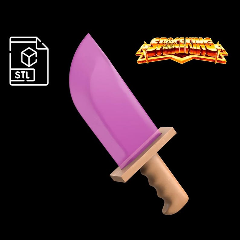 May include: A 3D-rendered pink knife with a wooden handle and guard. The image includes an STL file icon and the text "SPACEKING" in a gold, stylized font.