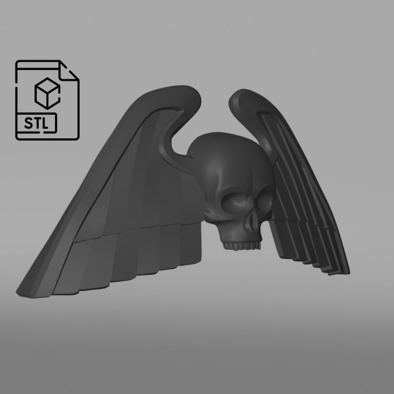 May include: A 3D printed model of a skull with wings. The skull is black and has a detailed design. The wings are also black and have a textured surface.