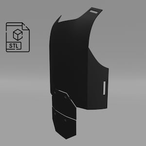 K&ouml;nnte beinhalten: Ein schwarz 3D-gedrucktes Modell einer Brustplatte mit einem einfachen Design. Die Brustplatte hat eine gew&ouml;lbte Oberseite und eine flache Unterseite mit einer Reihe von Platten, die an der Unterseite befestigt sind.