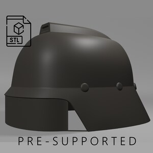 May include: A black helmet with a visor and a small ridge on top. The helmet is pre-supported for 3D printing.