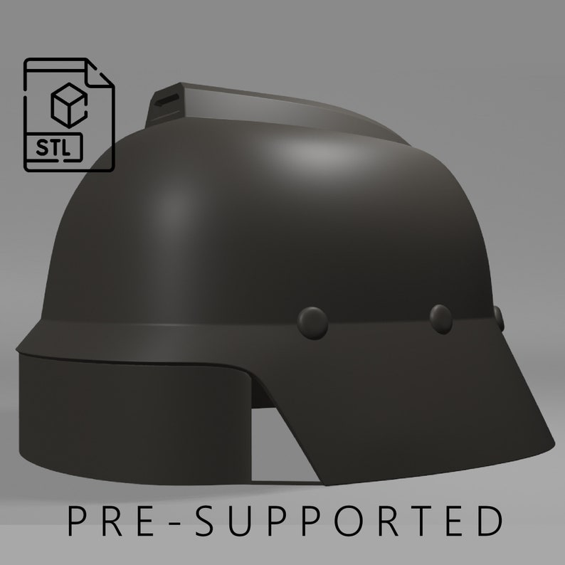 May include: A black helmet with a visor and a small ridge on top. The helmet is pre-supported for 3D printing.