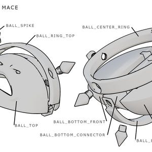 May include: Line drawing of a Spiky Ball Assembly, labeled "SPACEKING HATE MACE." The design includes a ball with spikes, a ring, and other components. The parts are labeled: "BALL_SPIKE," "BALL_RING_TOP," and "BALL_BOTTOM_RING."