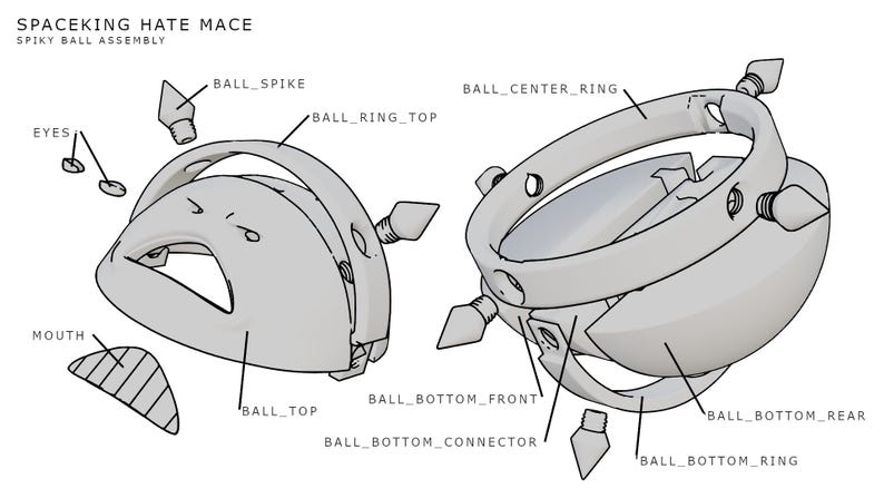 May include: Line drawing of a Spiky Ball Assembly, labeled "SPACEKING HATE MACE." The design includes a ball with spikes, a ring, and other components. The parts are labeled: "BALL_SPIKE," "BALL_RING_TOP," and "BALL_BOTTOM_RING."