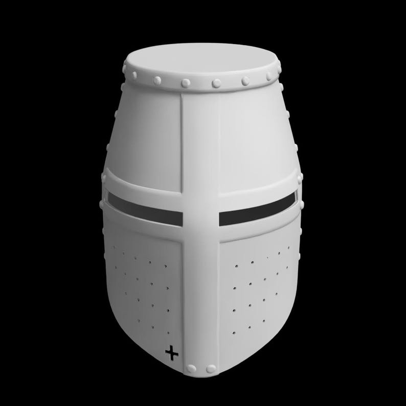 May include: A white, medieval-style helmet with a cross design. The helmet features a cylindrical top, a rounded body, and a faceplate with small ventilation holes. The design includes a cross and horizontal eye slits.