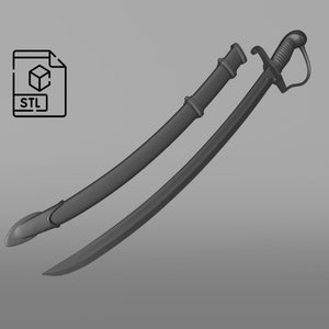 Puede incluir: Una espada negra con una hoja curva y una vaina negra. La espada est&aacute; separada de la vaina, con la vaina acostada de lado. La espada es un archivo de modelo 3D, indicado por el icono de archivo STL.