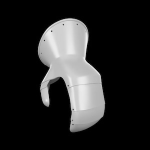 May include: A matte white articulated gauntlet piece featuring a flared cuff with a series of small circular holes along the top edge. The armour component consists of overlapping plates that curve to form a protective structure for the hand and wrist.